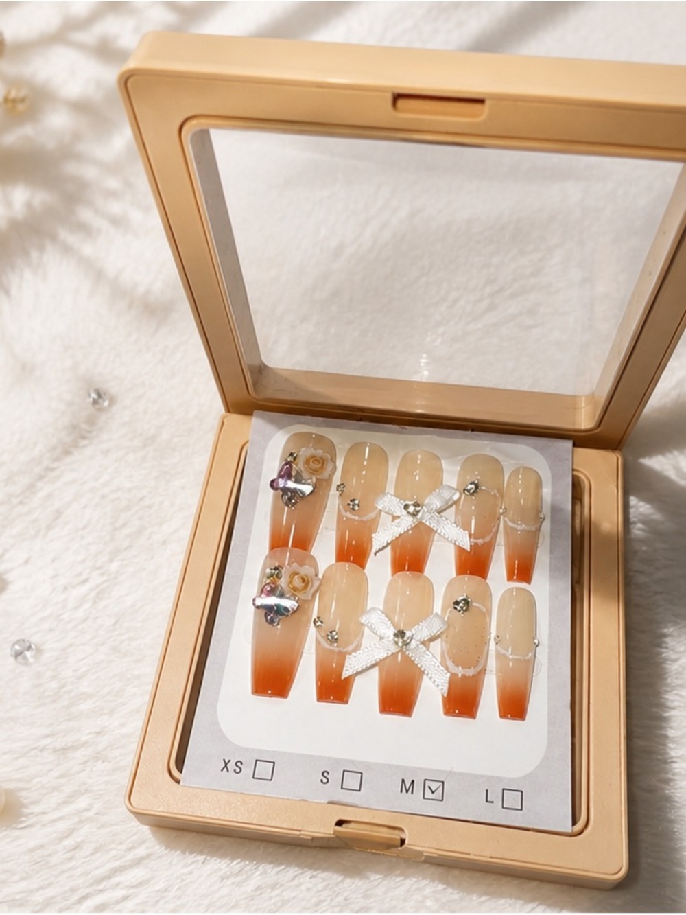Premium Ombre Orange Press-On Nails with Bow & Gem Accents - 10pcs - Size Medium